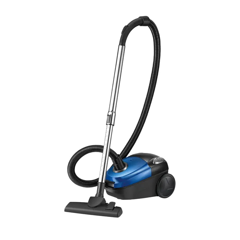 Blue and black household vacuum cleaner with long hose and wheels