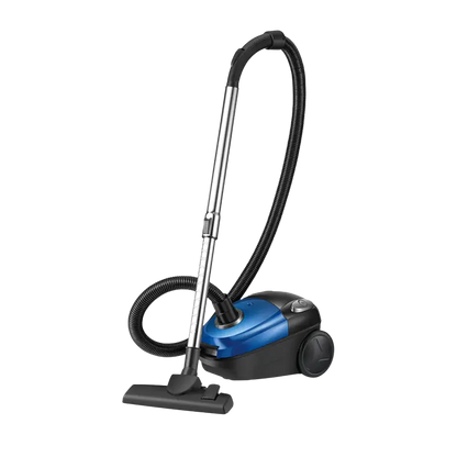 Blue and black household vacuum cleaner with long hose and wheels