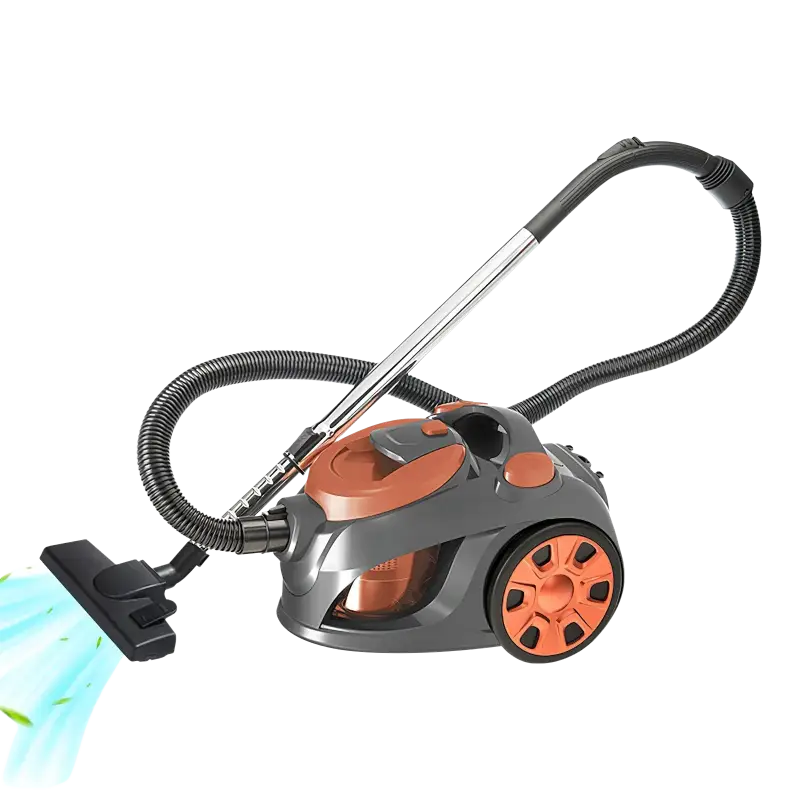Orange and gray household vacuum cleaner with long hose and brush