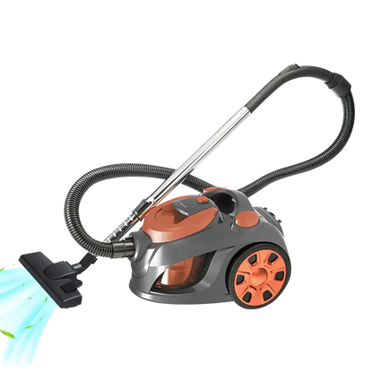 Orange and gray household vacuum cleaner with long hose and brush