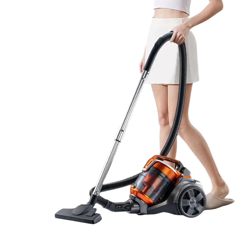 Orange and black household vacuum cleaner with long hose and wheels