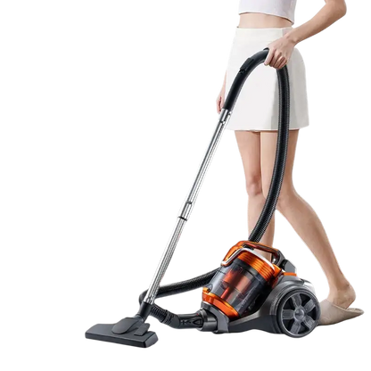 Orange and black household vacuum cleaner with long hose and wheels