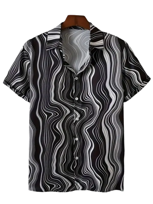 Men’s short-sleeve black and white striped polo shirt with wave pattern