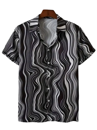 Men’s short-sleeve black and white striped polo shirt with wave pattern