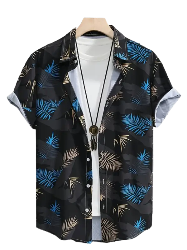 Black and blue tropical leaf print short-sleeve shirt for men