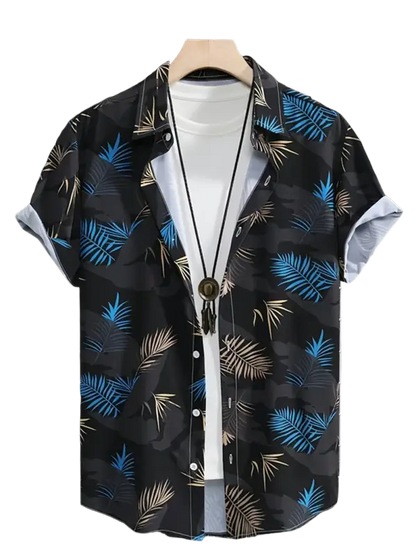 Black and blue tropical leaf print short-sleeve shirt for men
