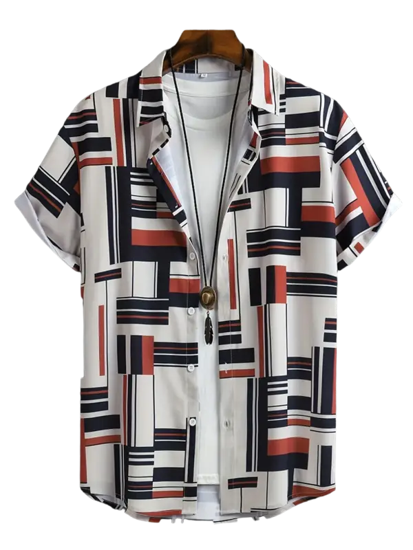 Striped short-sleeve shirt in pink, white geometric pattern for men