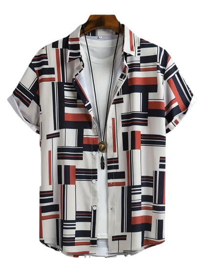 Striped short-sleeve shirt in pink, white geometric pattern for men