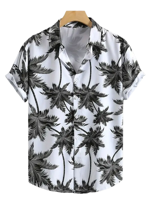 White palm tree print short-sleeve button-down shirt
