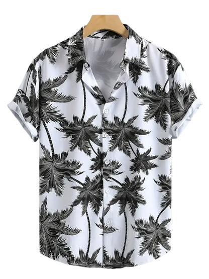 White palm tree print short-sleeve button-down shirt