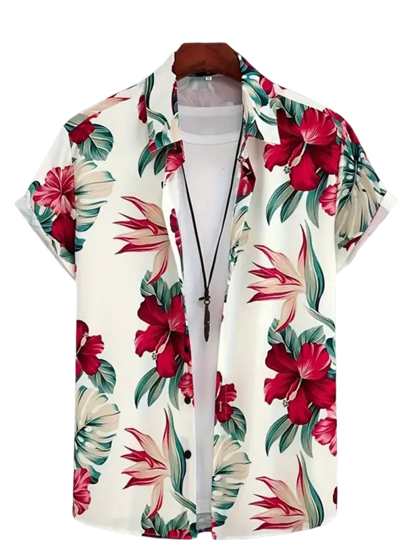 Vibrant floral print short-sleeve shirt with red and green leaves on white background