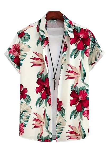 Vibrant floral print short-sleeve shirt with red and green leaves on white background