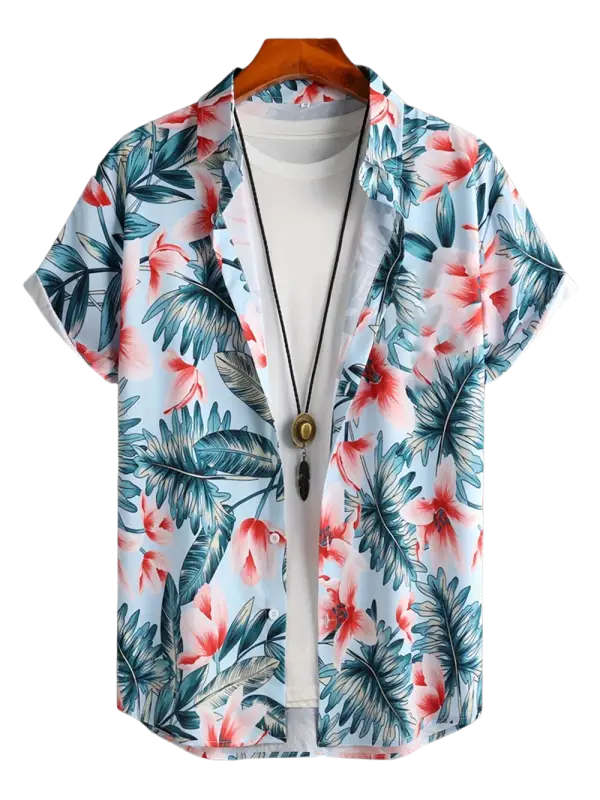 Pink and white geometric patterned short-sleeve shirt for men