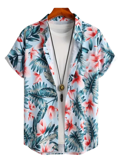 Pink and white geometric patterned short-sleeve shirt for men