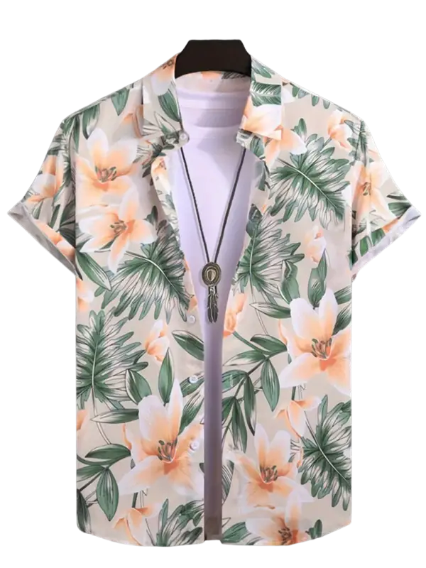 Men’s floral print short-sleeve button-up shirt with green leaves and orange flowers