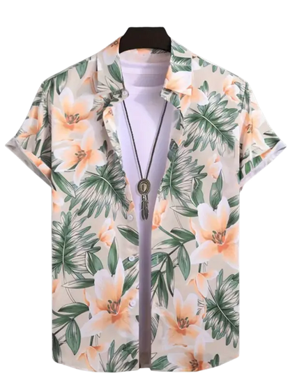 Men’s floral print short-sleeve button-up shirt with green leaves and orange flowers