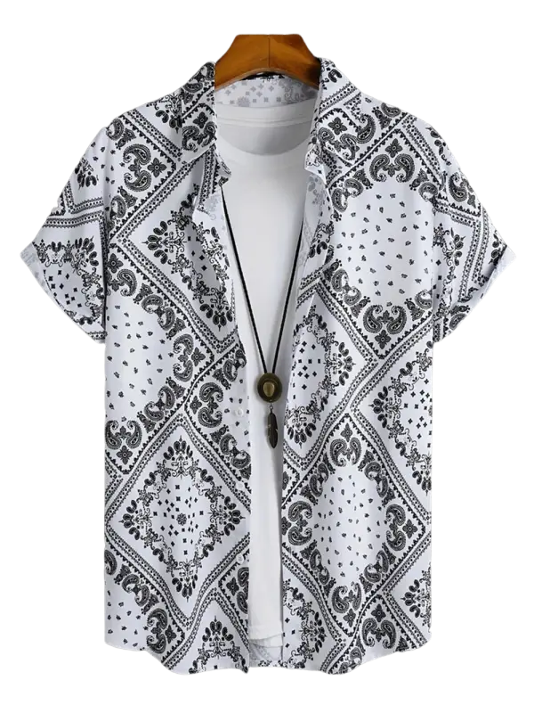 Black and white paisley short-sleeve button-down shirts for men