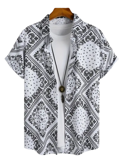 Black and white paisley short-sleeve button-down shirts for men