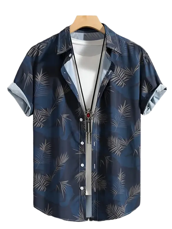 Blue palm leaf print short-sleeve button-down shirt