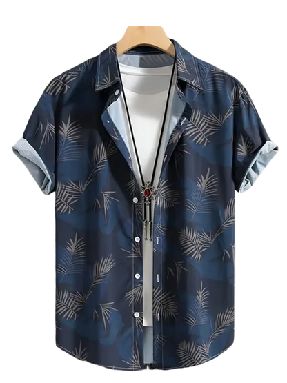 Blue palm leaf print short-sleeve button-down shirt