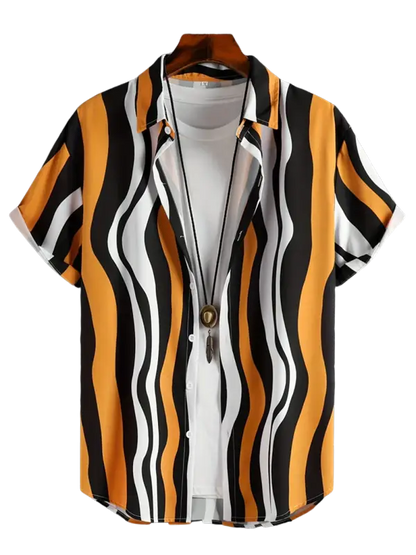 Striped short-sleeve men’s shirt with orange, black, white stripes