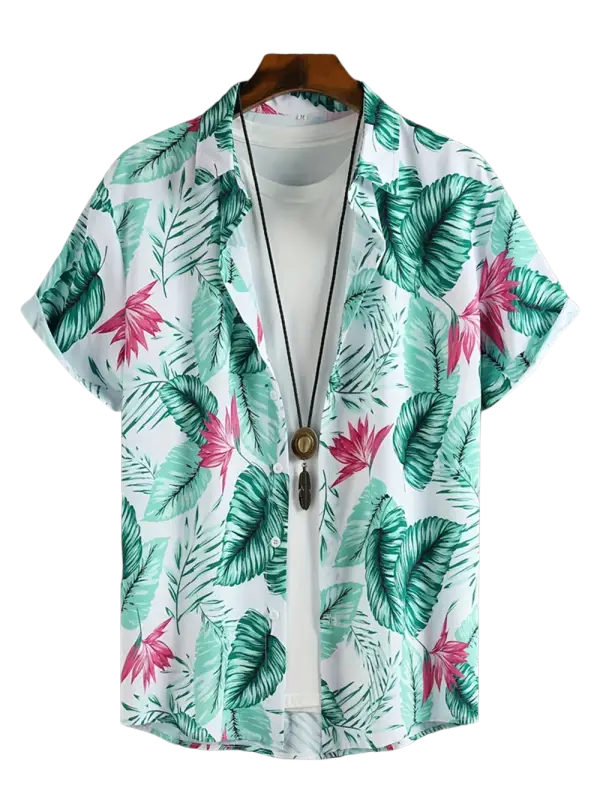 Pink tropical leaf print short-sleeve shirt for men