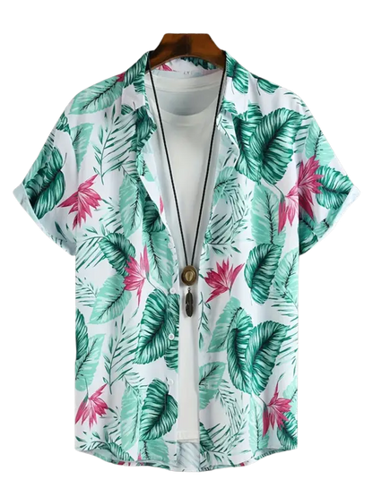 Pink tropical leaf print short-sleeve shirt for men