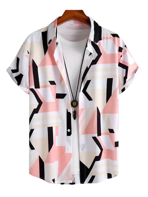 Pink and white geometric patterned short-sleeve shirts for men