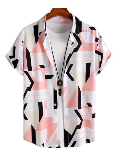 Pink and white geometric patterned short-sleeve shirts for men
