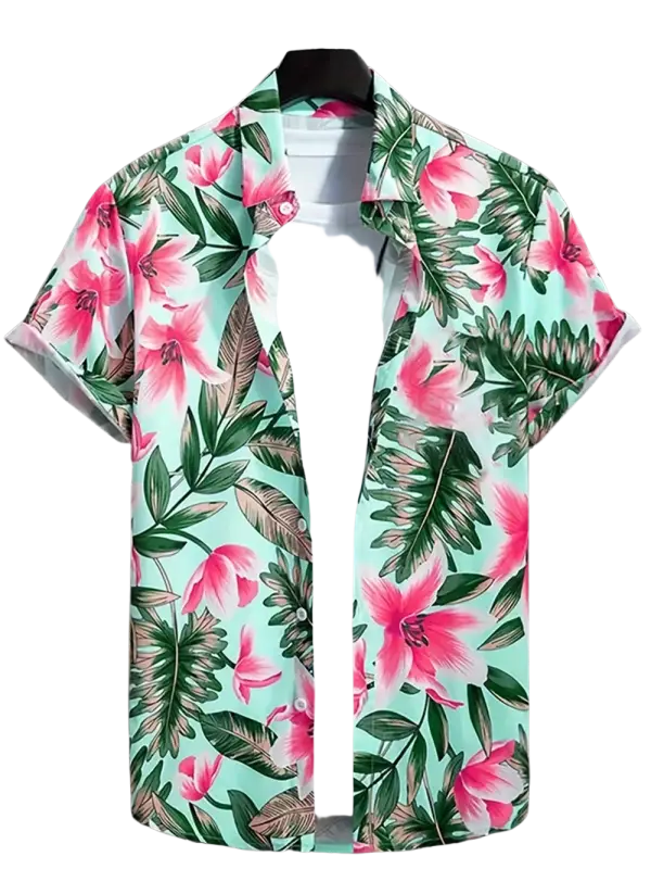 Green short-sleeve shirt with pink floral pattern for men