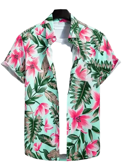 Green short-sleeve shirt with pink floral pattern for men