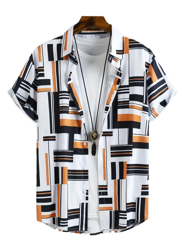 Men’s short-sleeve geometric patterned shirt with black and orange stripes