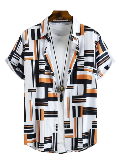 Men’s short-sleeve geometric patterned shirt with black and orange stripes