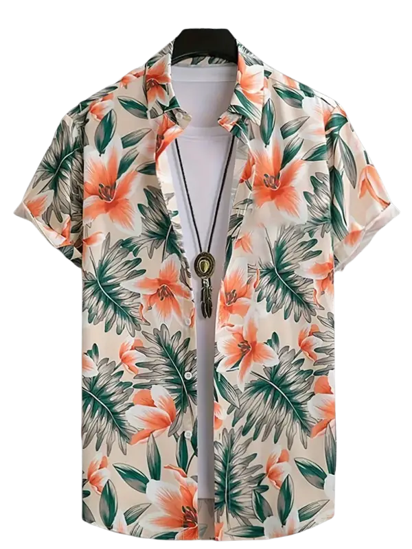 Men’s short-sleeve floral print button-up shirt with orange green leaves flowers