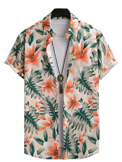 Men’s short-sleeve floral print button-up shirt with orange green leaves flowers