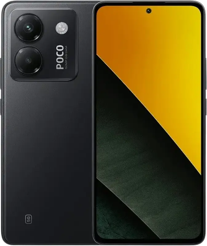 Black Poco M7 Pro smartphone with dual camera, yellow gradient screen, 5100mAh battery capacity and fast charging