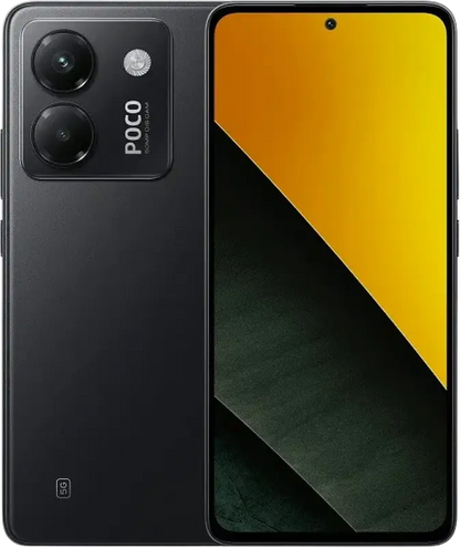 Black Poco M7 Pro smartphone with dual camera, yellow gradient screen, 5100mAh battery capacity and fast charging