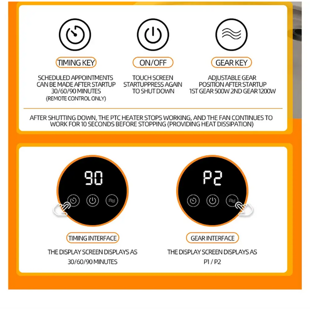 Portable Touch Screen Space Heater with Remote Control and Timing