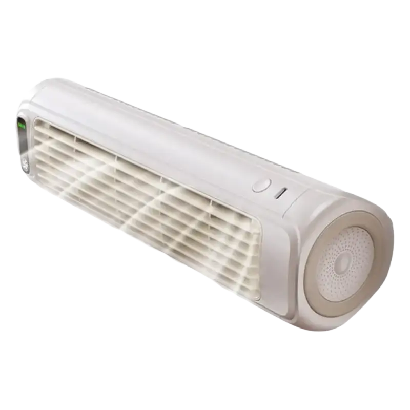 White and beige portable wall summer air purifier with circular filter