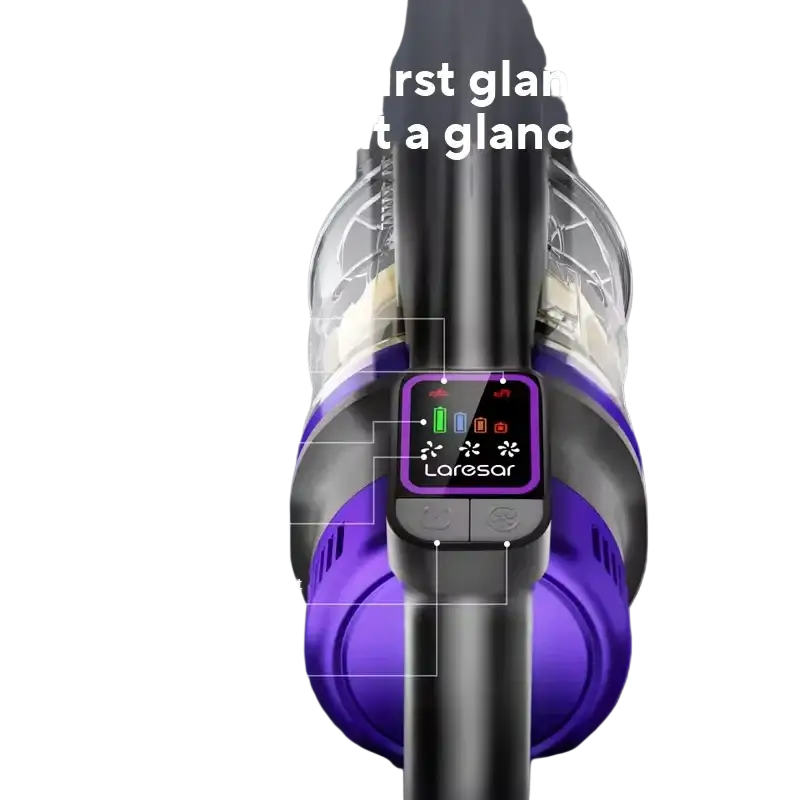 Purple and black cordless vacuum with digital display and strong dust suction