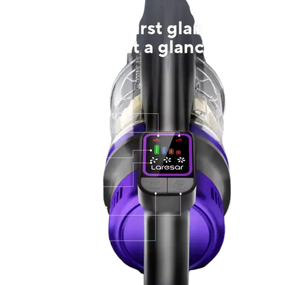 Purple and black cordless vacuum with digital display and strong dust suction