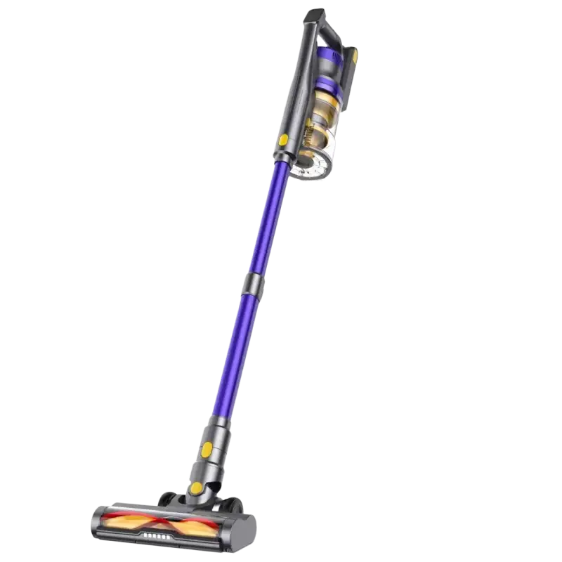 Dyson V15 Detect purple silver vacuum with orange accents, strong dust suction