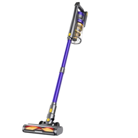 Dyson V15 Detect purple silver vacuum with orange accents, strong dust suction