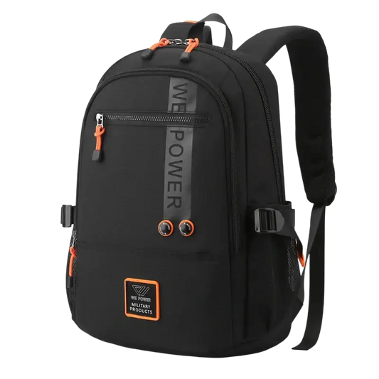 Black backpack with orange accents and WE POWER text in quality nylon fabric