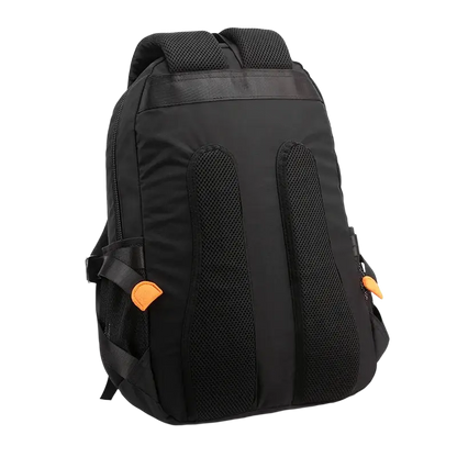 Black backpack with mesh padding and orange accents in quality nylon fabric design