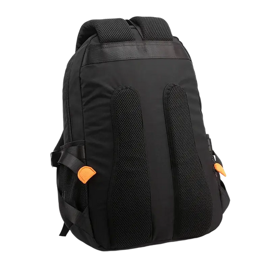Black backpack with mesh padding and orange accents in quality nylon fabric design