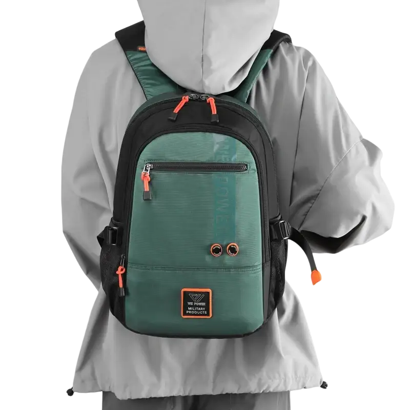 Green and black backpacks high quality with orange zipper accents in nylon fabric bag