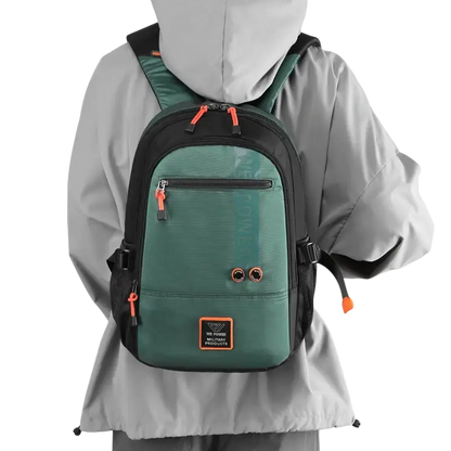 Green and black backpacks high quality with orange zipper accents in nylon fabric bag