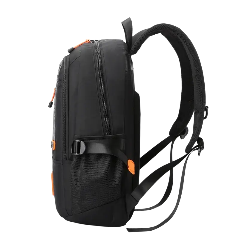 Black backpack with orange accents, adjustable straps, and quality nylon fabric design