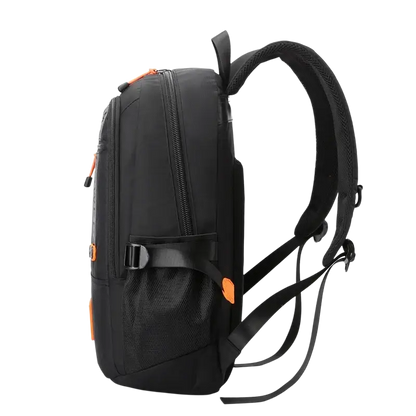 Black backpack with orange accents, adjustable straps, and quality nylon fabric design